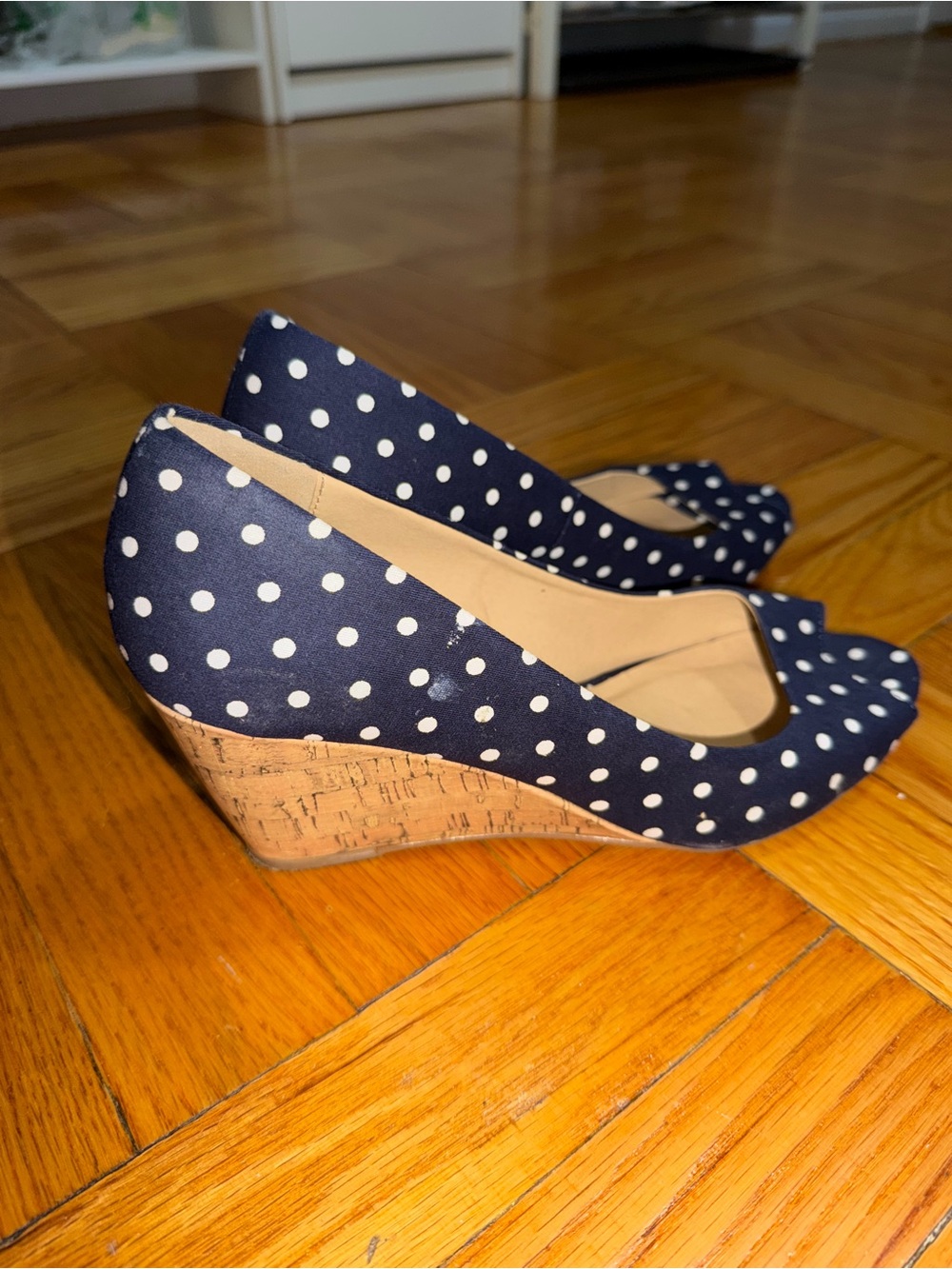 Chinese Laundry Navy and White Polka Dot Cork Wedge Pumps